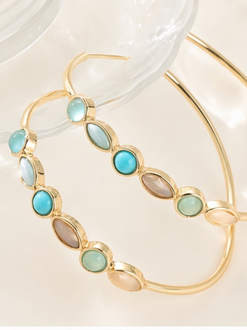 Boho Turquoise Stone Gold Hoop Earrings | Lightweight Statement Hoops